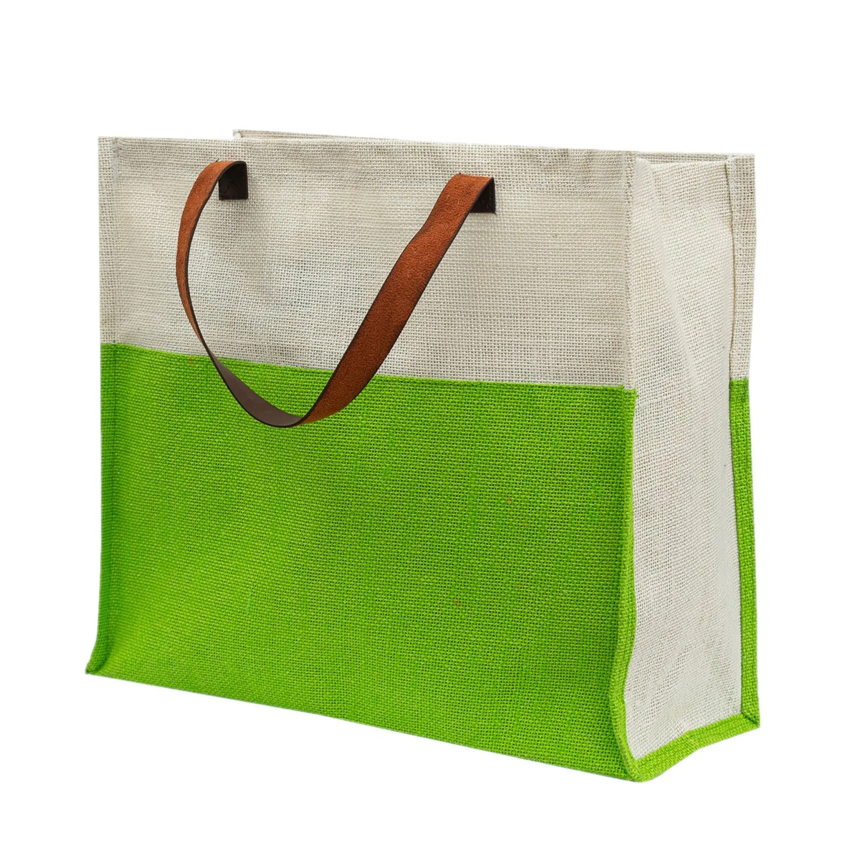 Yellow & White Jute Tote Bag with Leather Handles