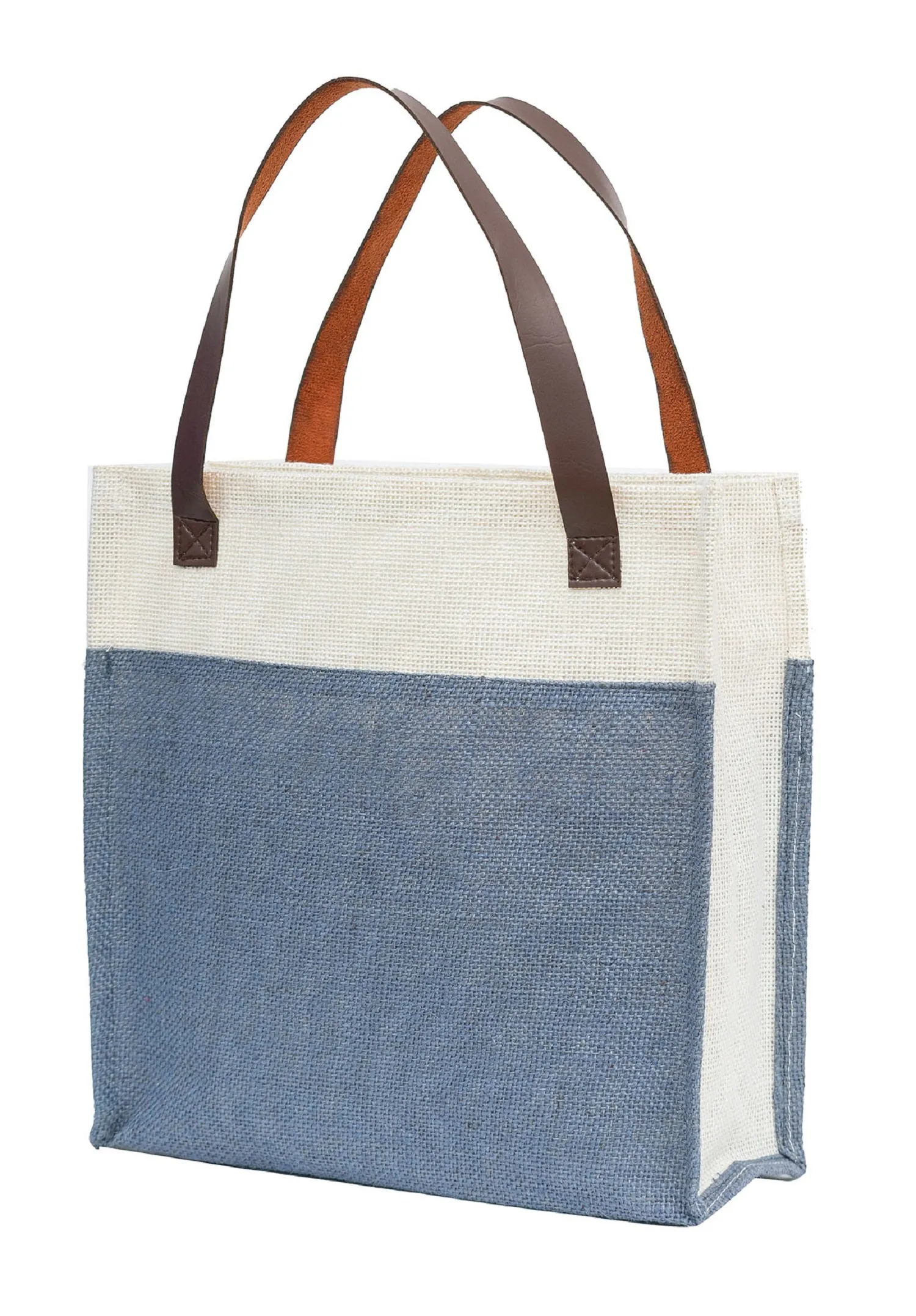 Yellow & White Jute Tote Bag with Leather Handles