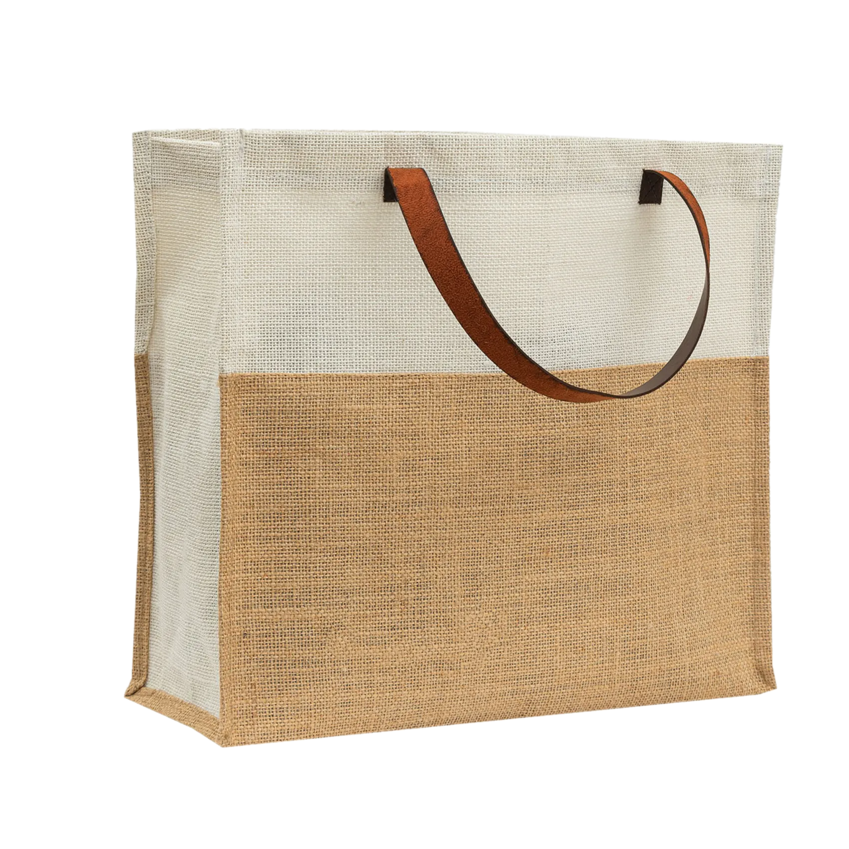 Yellow & White Jute Tote Bag with Leather Handles