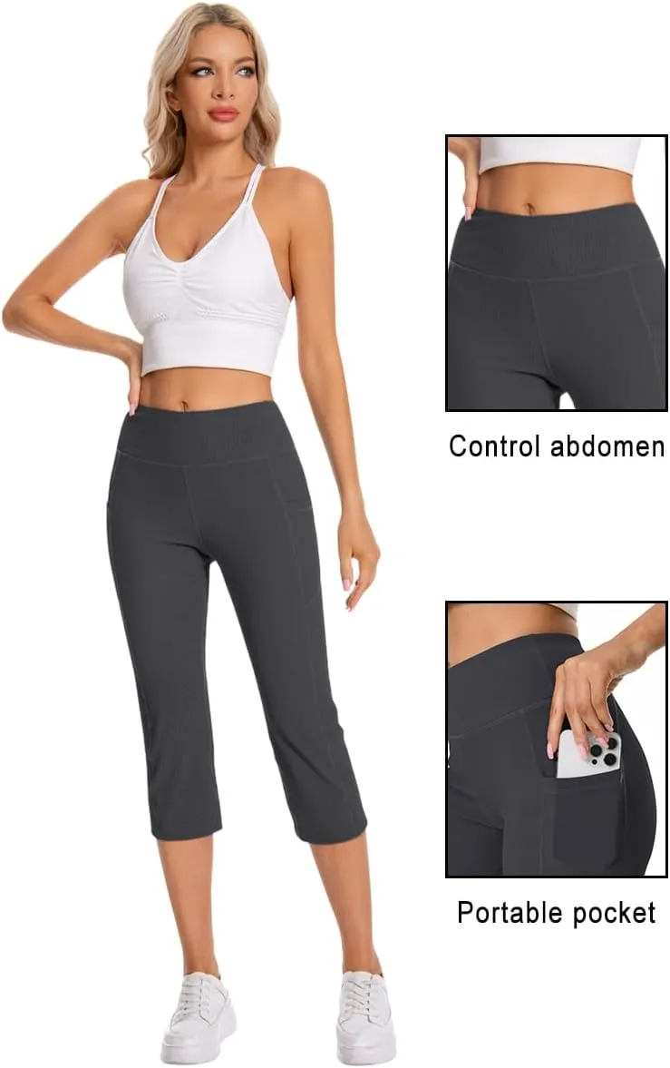 Yoga Capri Pants for Women with Pockets Essential High Workout Running Leggings 4 Way Stretch Pants