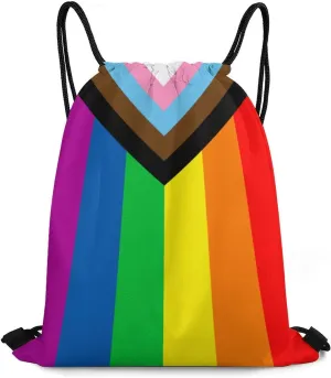 Zakqeik Progress Pride Flag Drawstring Backpack Bags Gym String Bag Cute