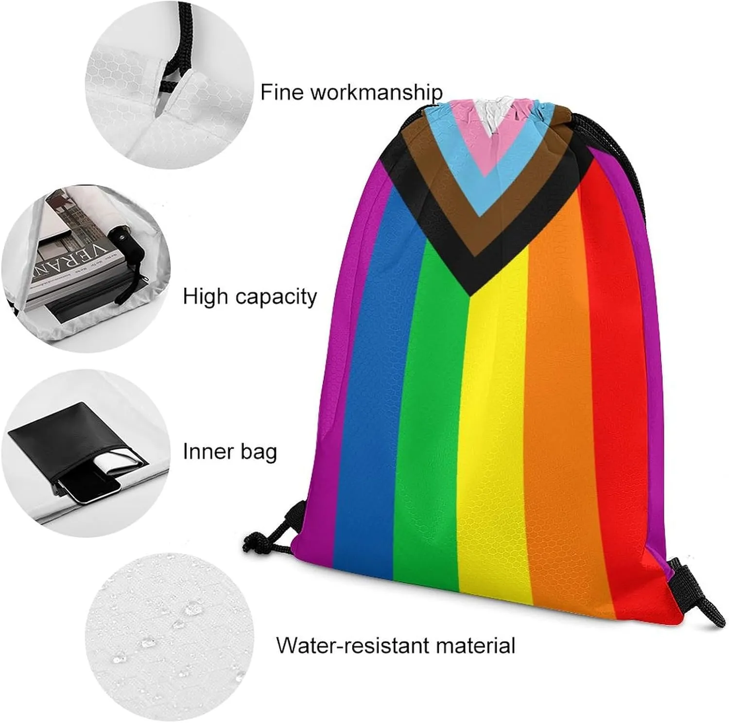 Zakqeik Progress Pride Flag Drawstring Backpack Bags Gym String Bag Cute