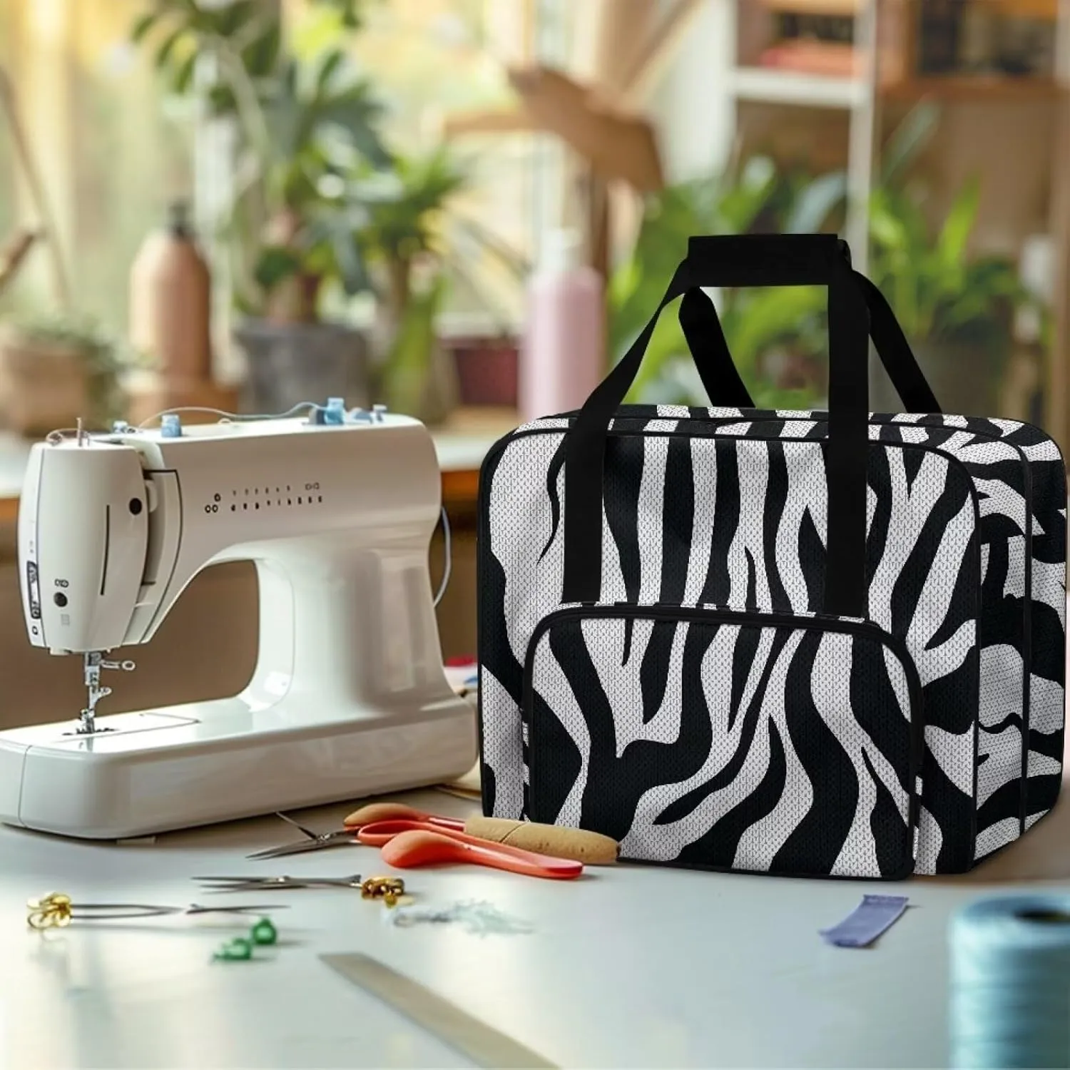 Zebra Stripe Print Sewing Machine Tote Bag, Universal Portable Carrying Case with Anti-slip Padded Bottom Compatible with Most Standard Sewing Machine and Supplies