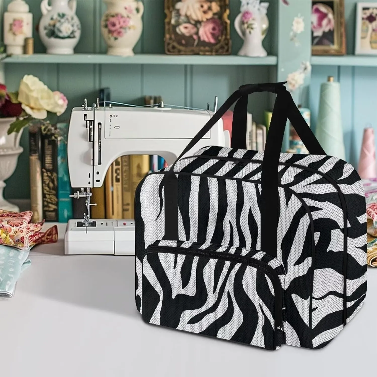 Zebra Stripe Print Sewing Machine Tote Bag, Universal Portable Carrying Case with Anti-slip Padded Bottom Compatible with Most Standard Sewing Machine and Supplies