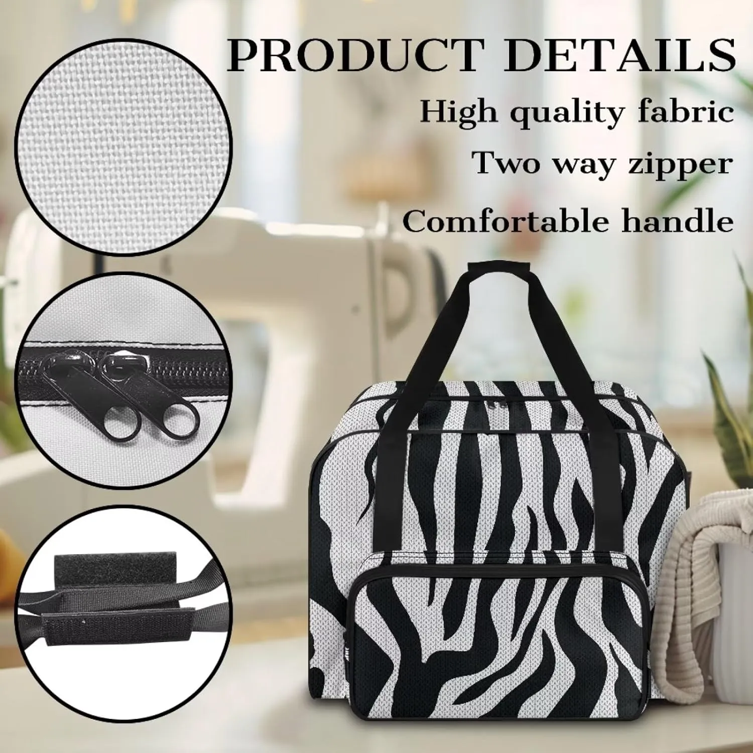 Zebra Stripe Print Sewing Machine Tote Bag, Universal Portable Carrying Case with Anti-slip Padded Bottom Compatible with Most Standard Sewing Machine and Supplies
