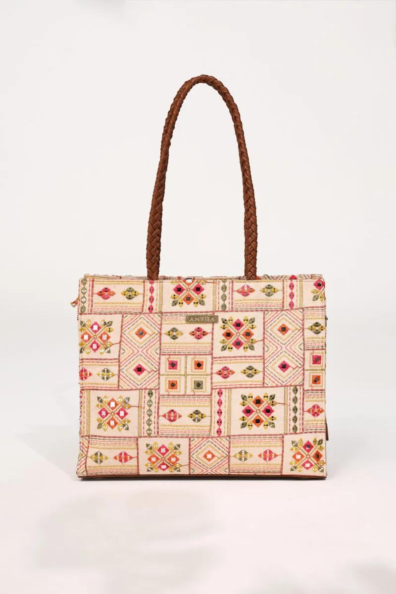 Ziana Embroidered Multicolor Box Tote Bag