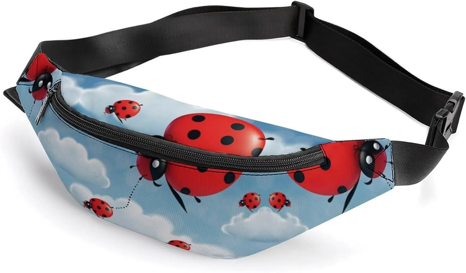 Zipper Fanny Pack for Men Women Fashion Waist Bag Stylish Crossbody Bags with Adjustable Strap Ladybug And Cloud Travel Chest Bags Belt Bags for Running Hiking Workout Cycling