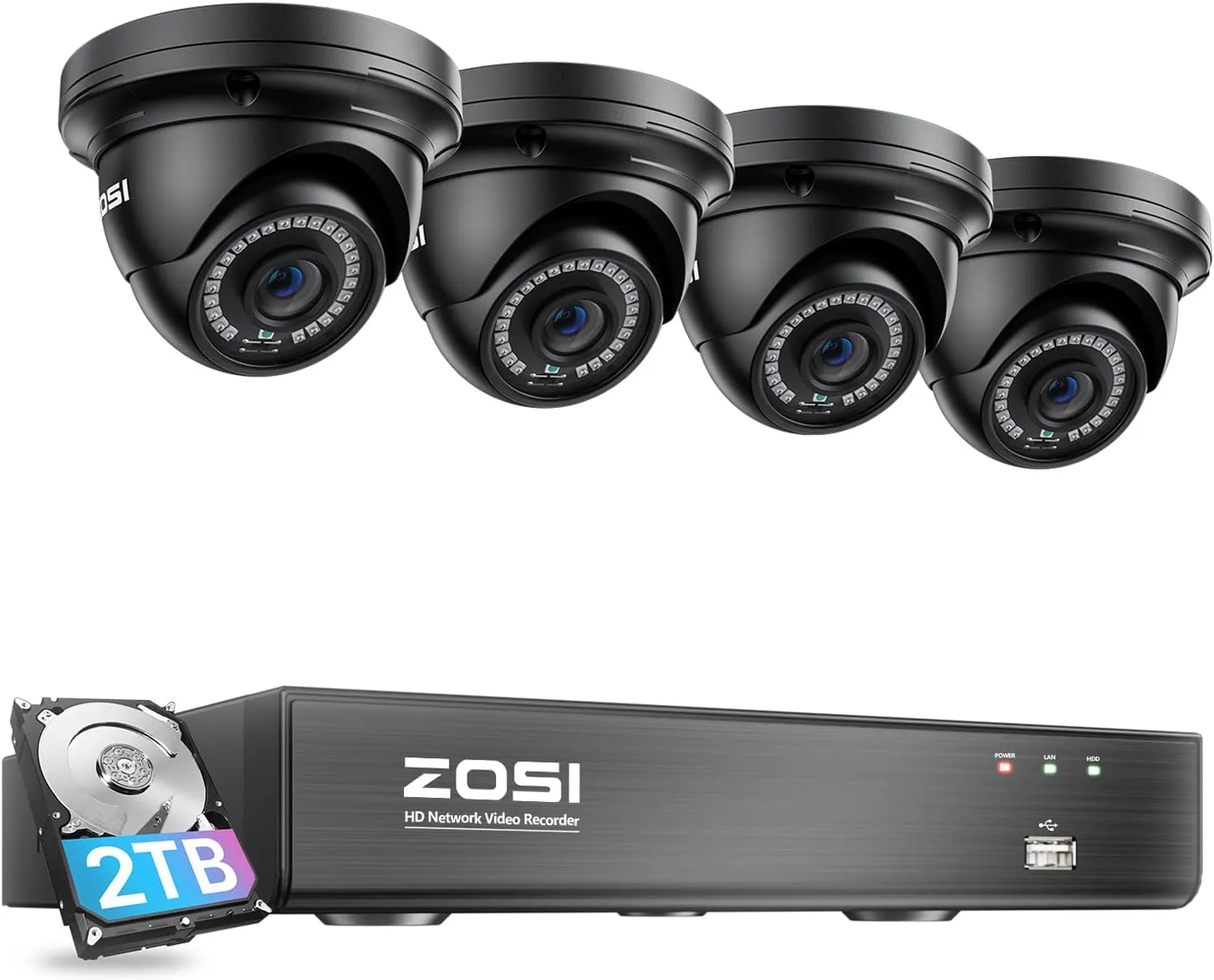 ZOSI 8 Channel 4K 8MP PoE Home Security Camera System Outdoor, 8CH PoE NVR (16CH Expandable) with 2TB HDD for 24/7 Recording, 4 x Wired 5MP(3K) Dome PoE IP Cameras, Motion Detection, Remote Control