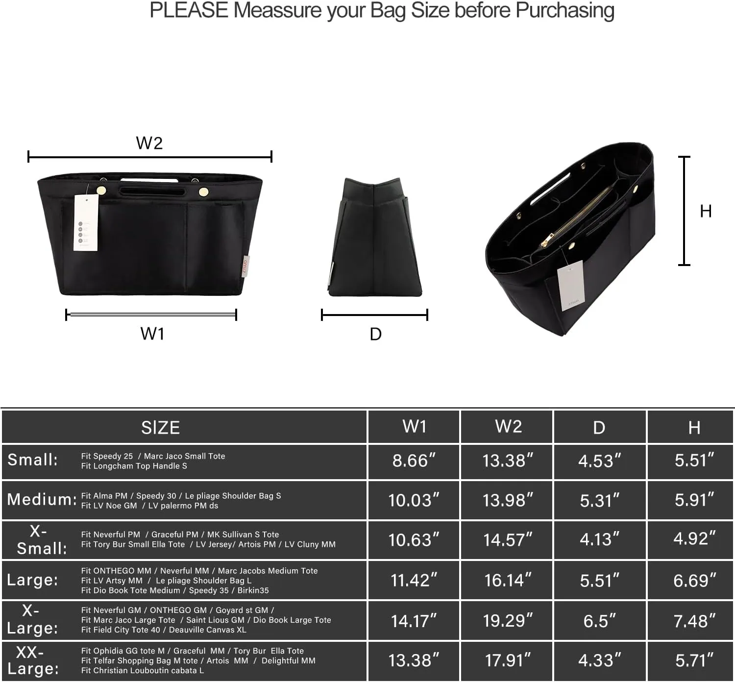 ZTUJO Purse Organizer Insert For Handbags, Silky Bag Organizer With 2 Zippers For Speedy Neverful Tote and More (Black, X-Large)