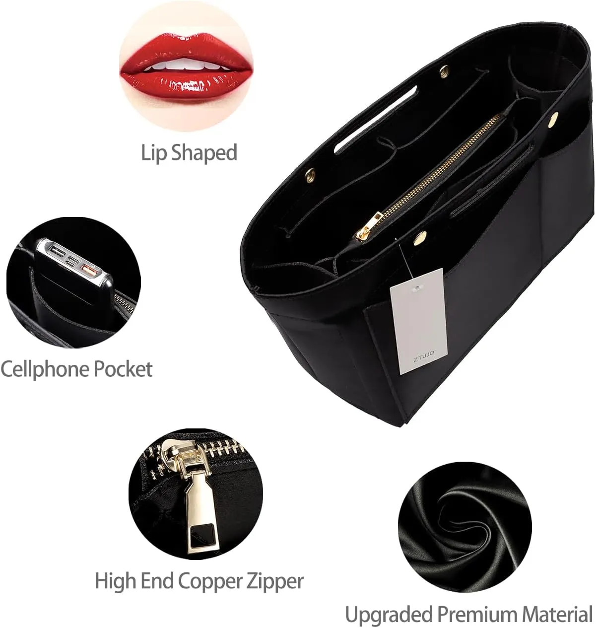 ZTUJO Purse Organizer Insert For Handbags, Silky Bag Organizer With 2 Zippers For Speedy Neverful Tote and More (Black, X-Large)