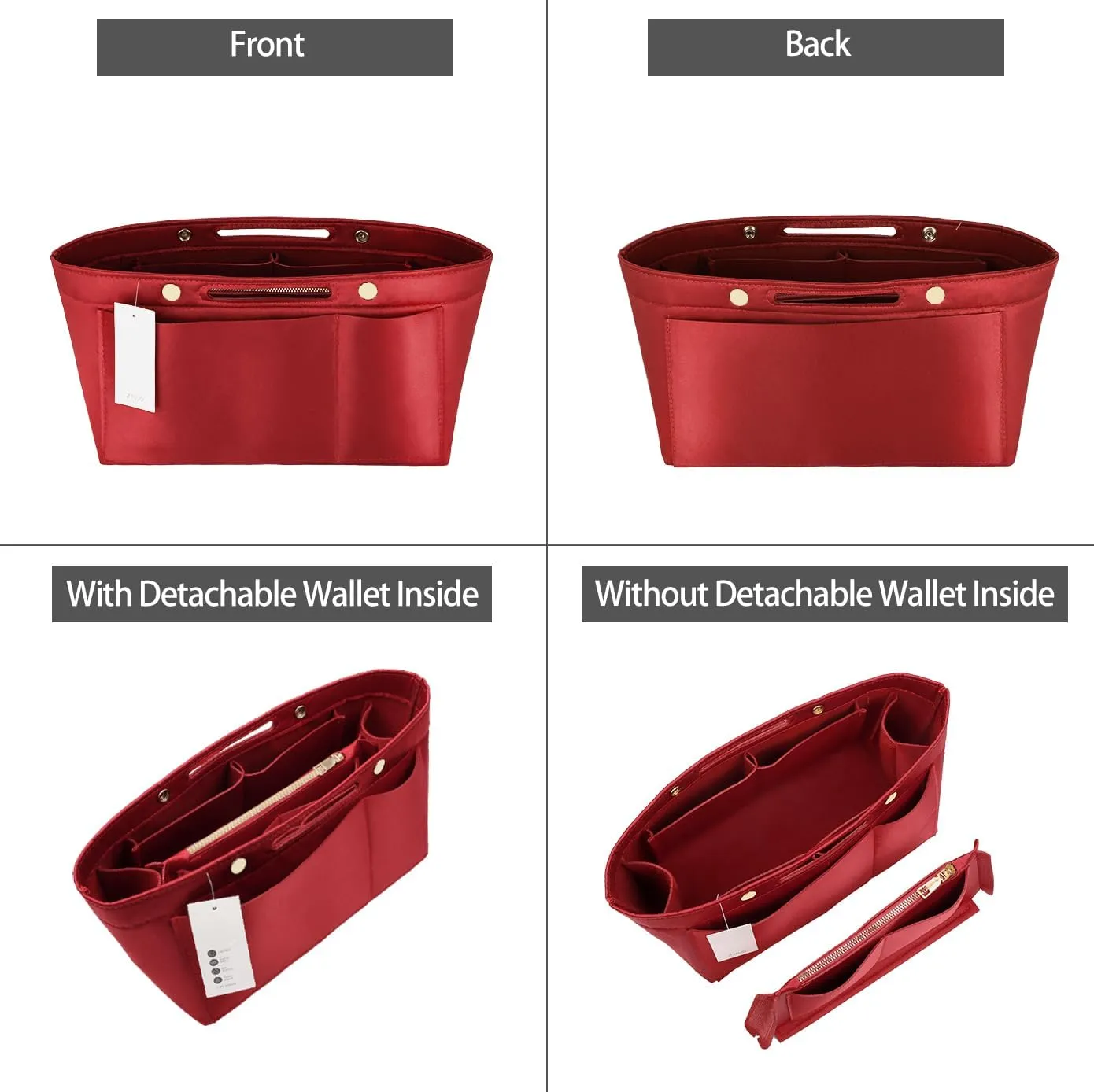 ZTUJO Purse Organizer Insert For Handbags, Silky Bag Organizer With 2 Zippers For Speedy Neverful Tote and More (Red, Medium)