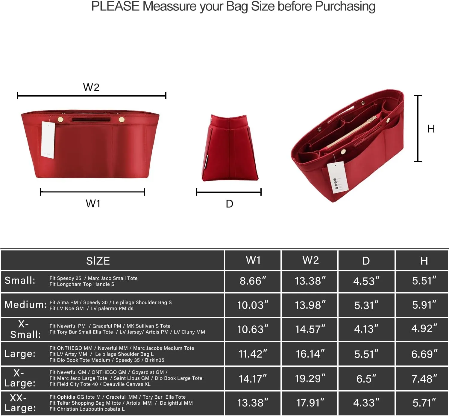 ZTUJO Purse Organizer Insert For Handbags, Silky Bag Organizer With 2 Zippers For Speedy Neverful Tote and More (Red, Medium)