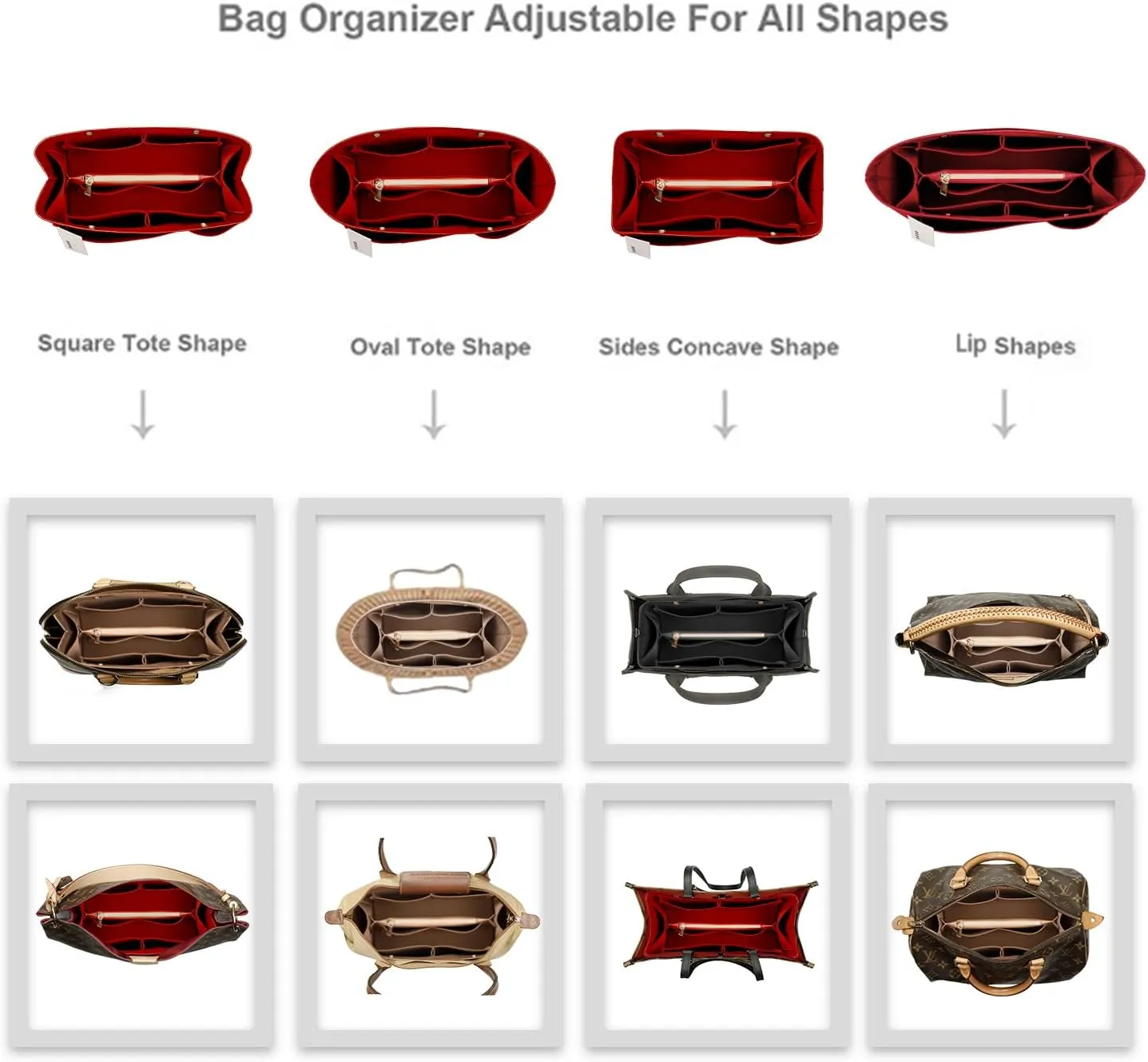 ZTUJO Purse Organizer Insert For Handbags, Silky Bag Organizer With 2 Zippers For Speedy Neverful Tote and More (Red, Medium)