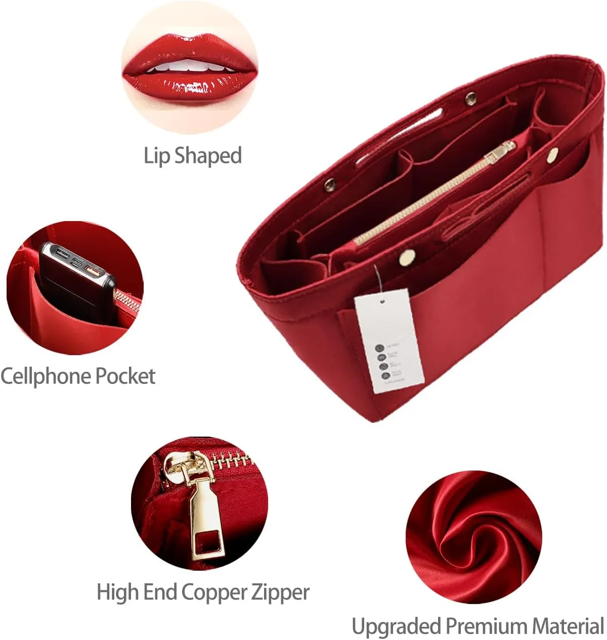 ZTUJO Purse Organizer Insert For Handbags, Silky Bag Organizer With 2 Zippers For Speedy Neverful Tote and More (Red, Medium)