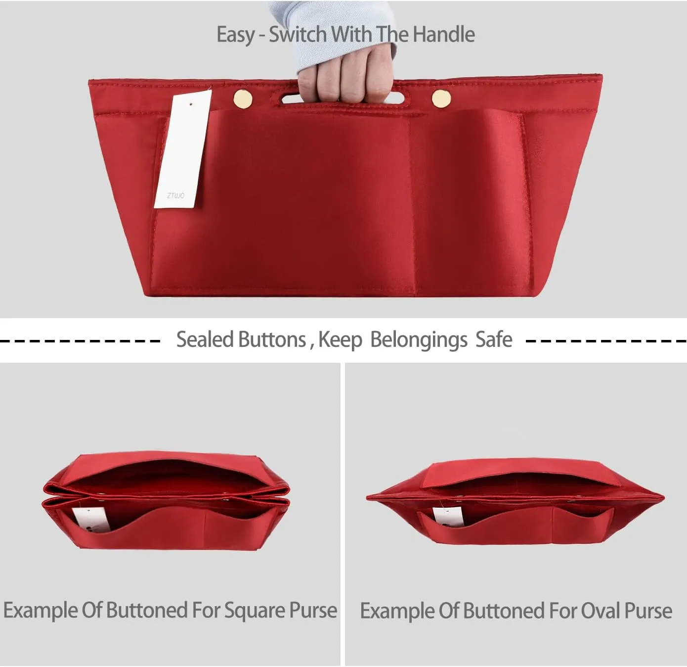 ZTUJO Purse Organizer Insert For Handbags, Silky Bag Organizer With 2 Zippers For Speedy Neverful Tote and More (Red, Medium)