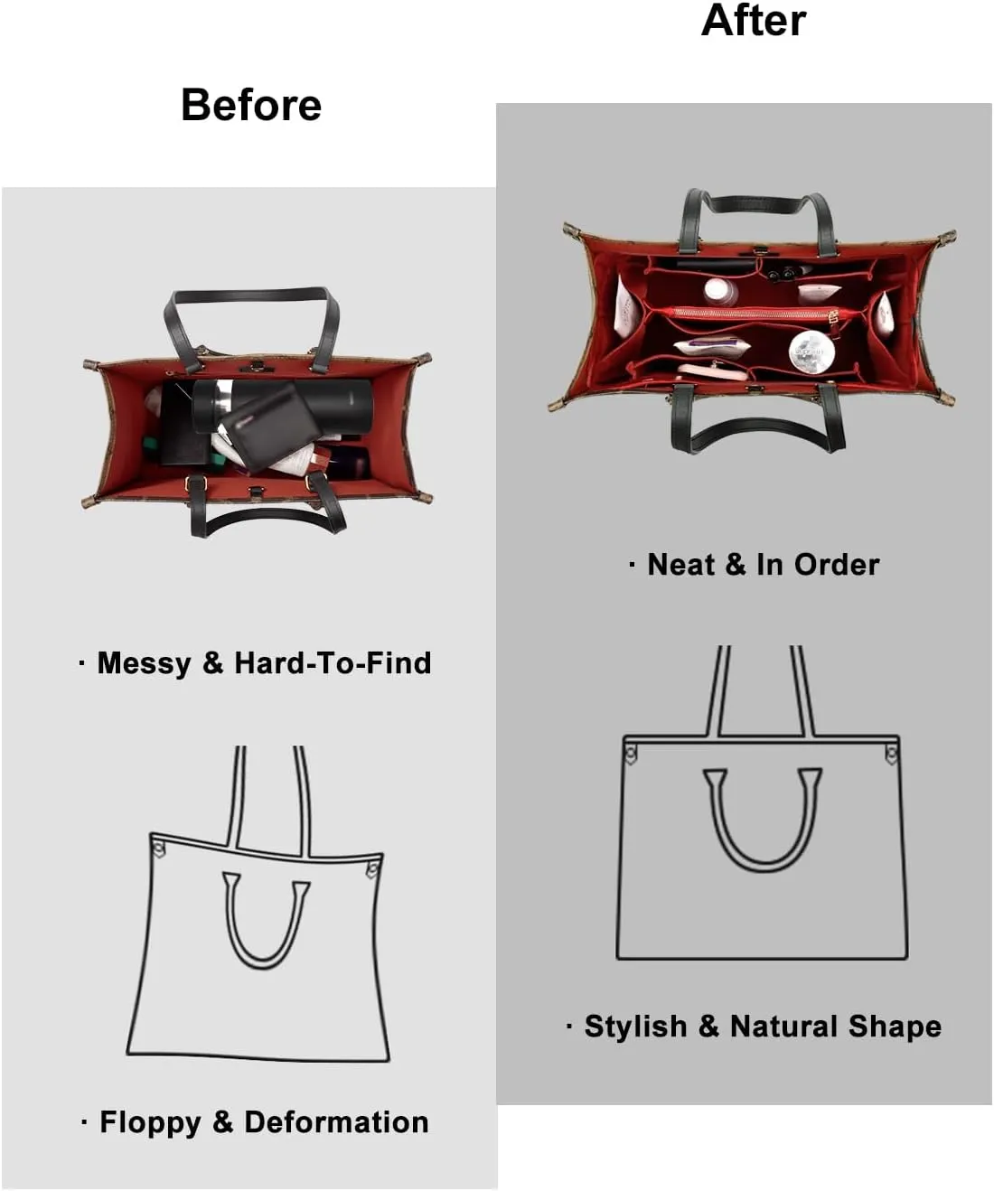 ZTUJO Purse Organizer Insert For Handbags, Silky Bag Organizer With 2 Zippers For Speedy Neverful Tote and More (Red, Medium)