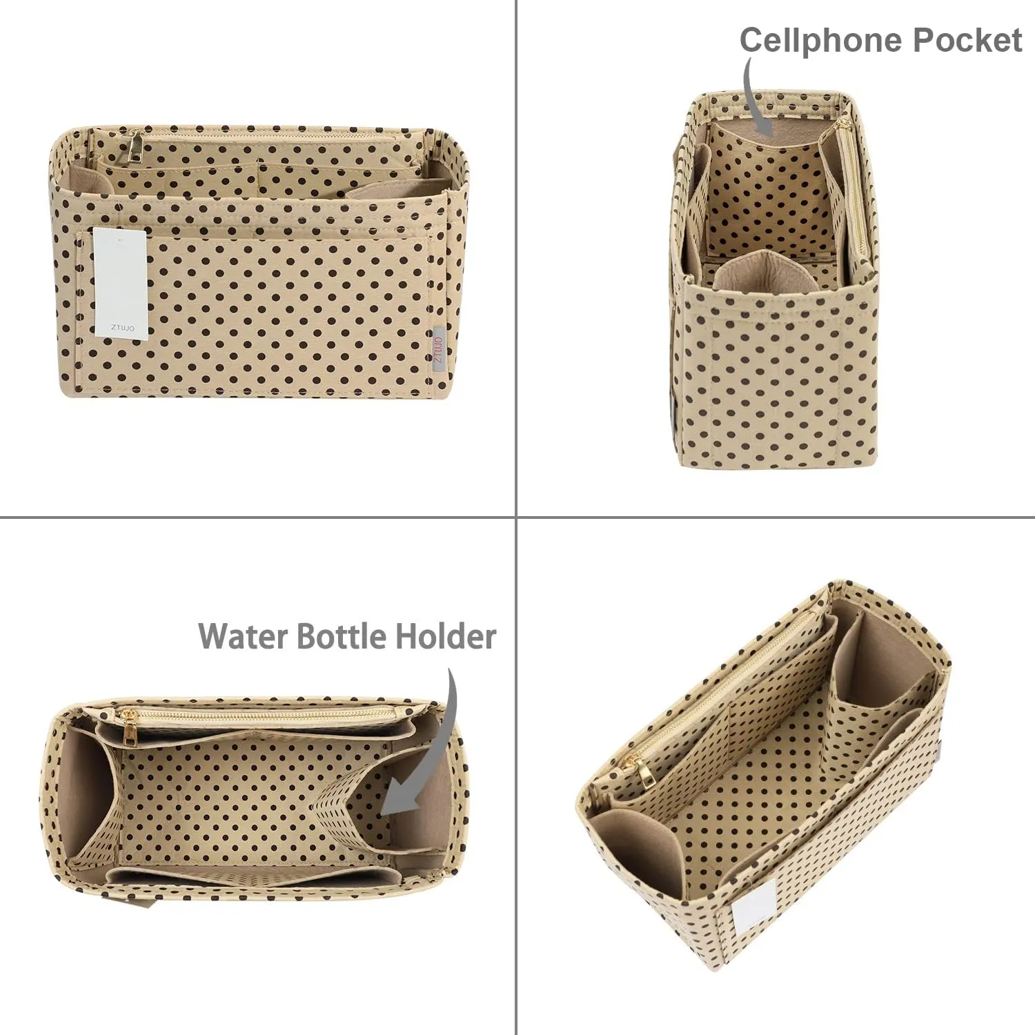 ZTUJO Purse Organizer Insert For Handbags, Silky Touching Bag Organizer Insert With Bottle Holder, Perfect for Speedy, Neverfull, Tote,ONTHEGO,Artsy,Handbag and More (X-Large, Brown polk dots Beige)
