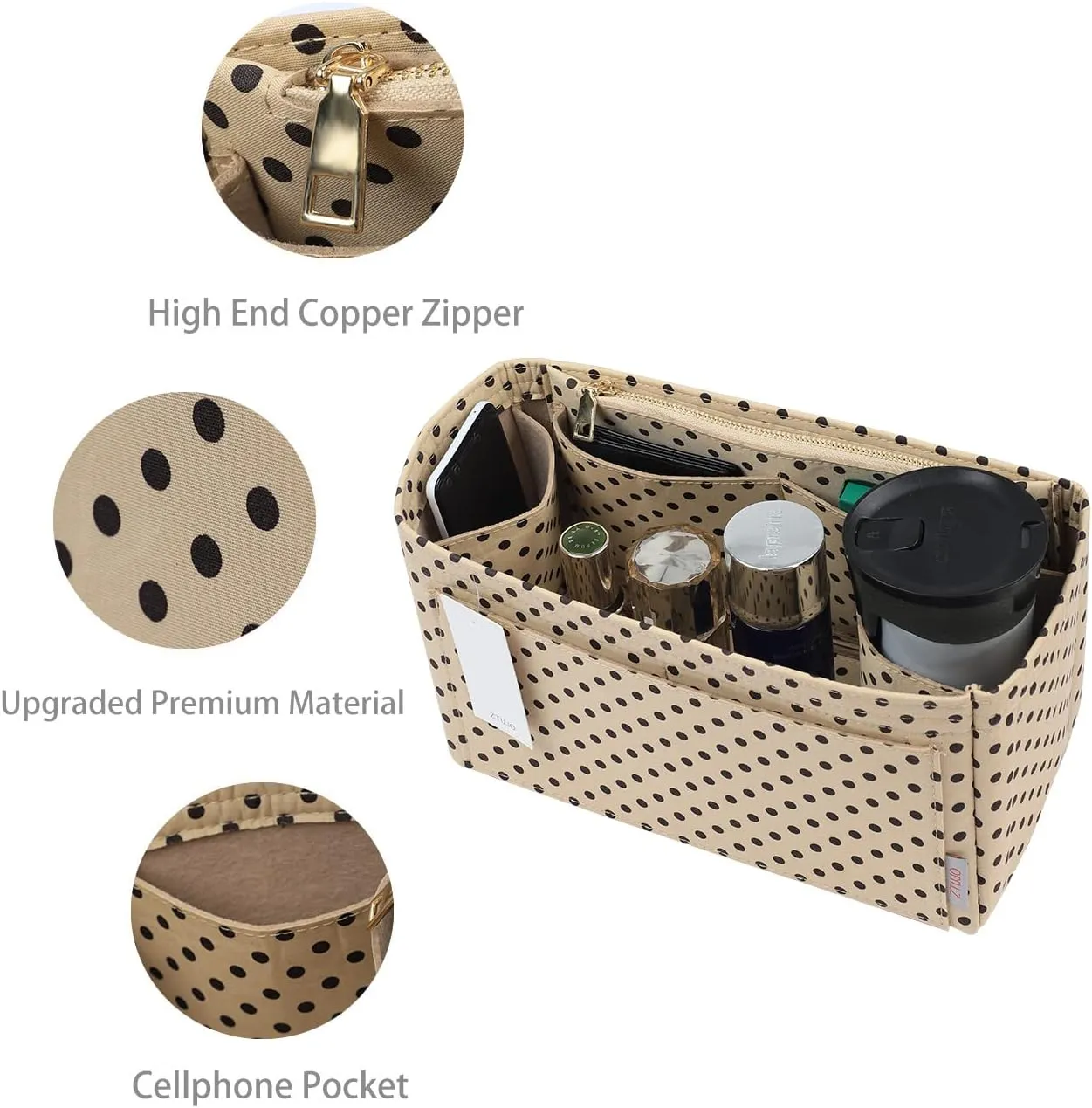 ZTUJO Purse Organizer Insert For Handbags, Silky Touching Bag Organizer Insert With Bottle Holder, Perfect for Speedy, Neverfull, Tote,ONTHEGO,Artsy,Handbag and More (X-Large, Brown polk dots Beige)