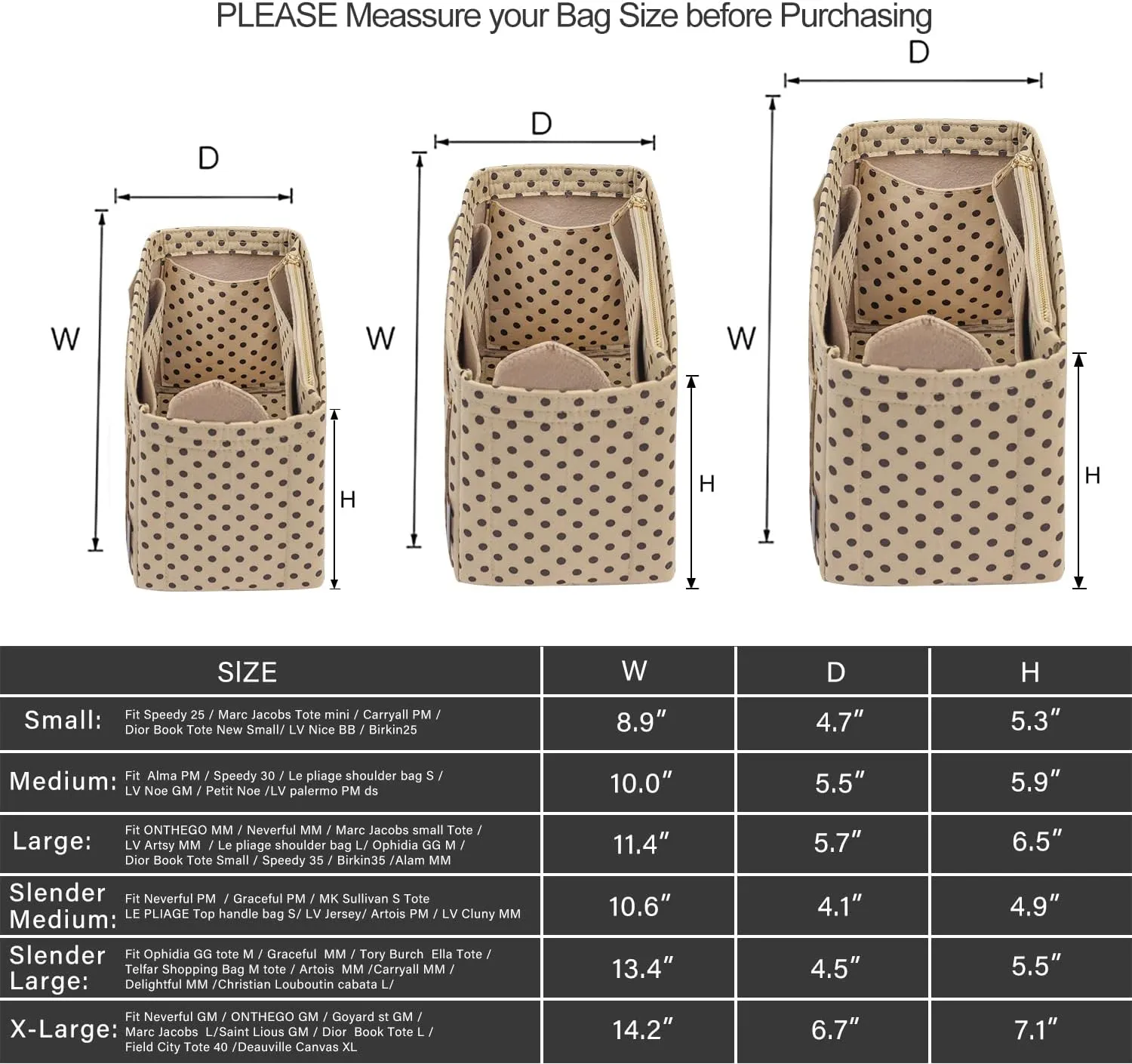 ZTUJO Purse Organizer Insert For Handbags, Silky Touching Bag Organizer Insert With Bottle Holder, Perfect for Speedy, Neverfull, Tote,ONTHEGO,Artsy,Handbag and More (X-Large, Brown polk dots Beige)