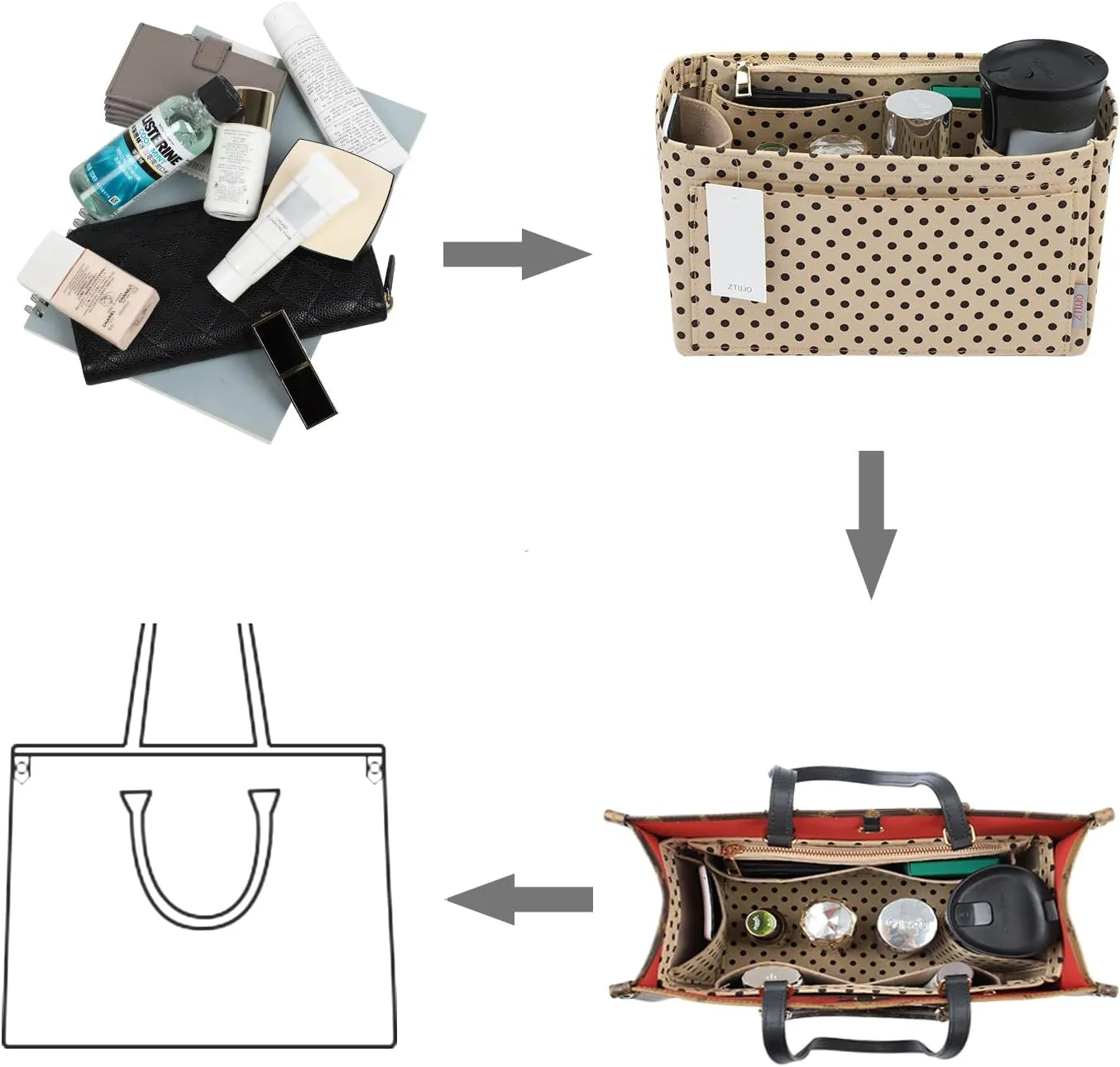 ZTUJO Purse Organizer Insert For Handbags, Silky Touching Bag Organizer Insert With Bottle Holder, Perfect for Speedy, Neverfull, Tote,ONTHEGO,Artsy,Handbag and More (X-Large, Brown polk dots Beige)