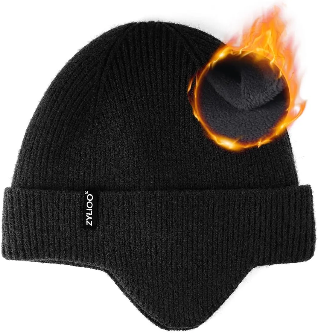 Zylioo Oversize 3XL/2XL/XL/L Beanie Hats with Ear Flap,S/M Fleece Lined Skull Cap,Plus Size Winter Warm Knitted Hats